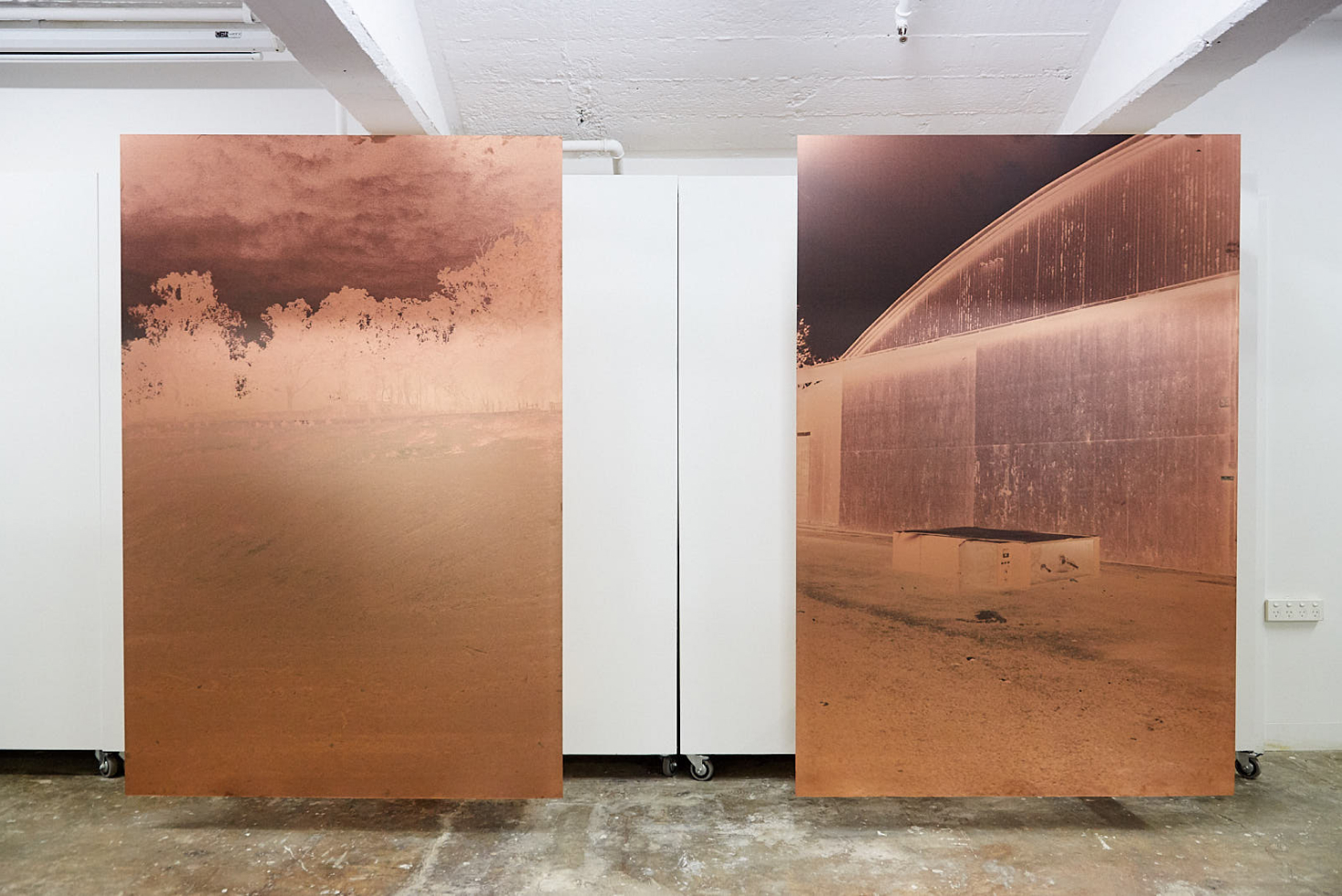 <p><i>Camér</i>, 2018, UV Pigment Prints on Copper Plates, 1800 x 1100mm, installation view, Signal, DownUnder Gallery, 2018.</p>